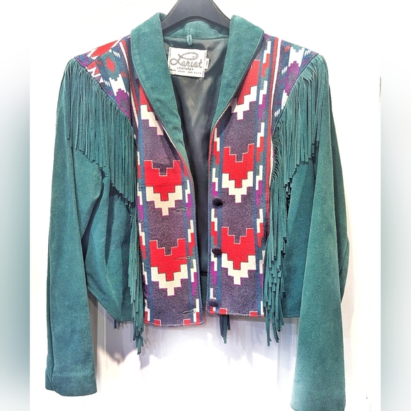 Lariat Women's Green Suede Leather Fringe Jacket Rodeo Cowgirl Aztec Size Large - Picture 2 of 14